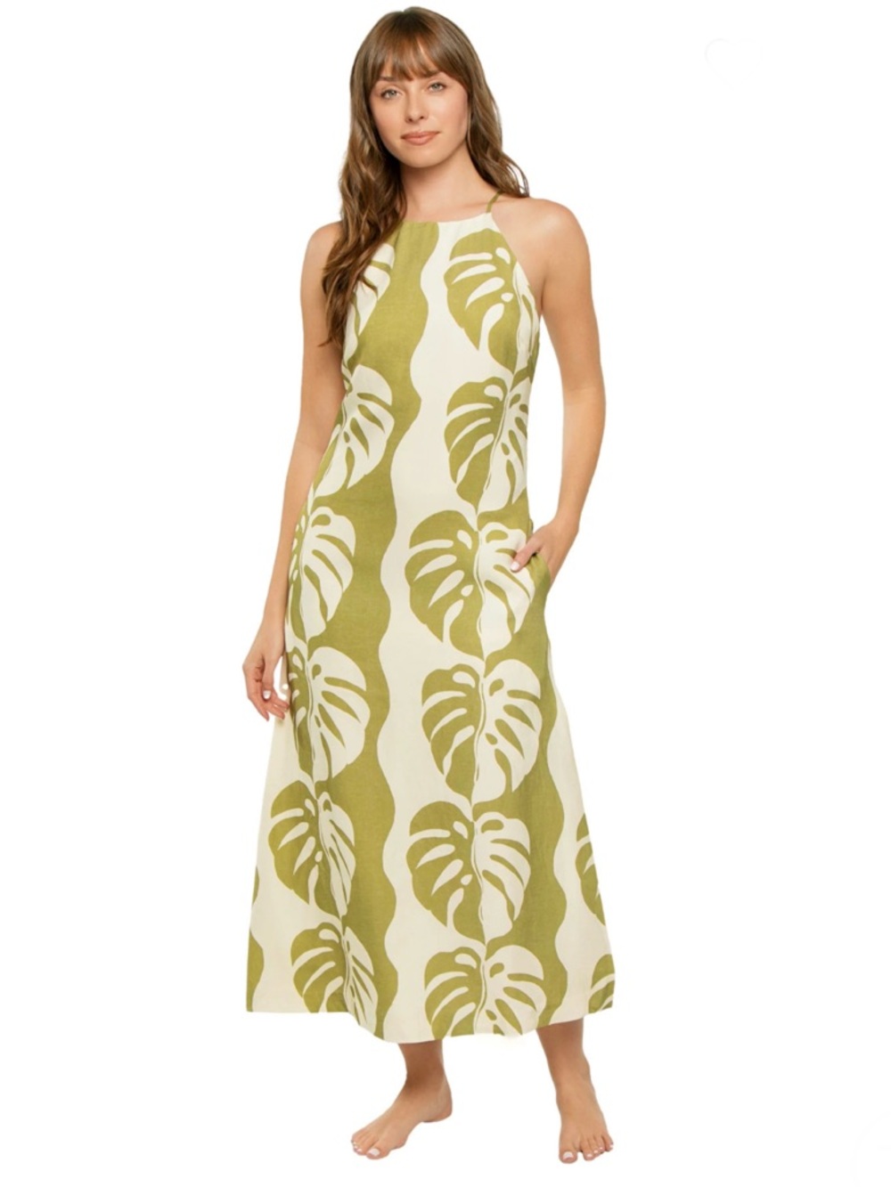 Mon Renn Midsummer Palm Print Midi Dress featuring a green and cream palm leaf